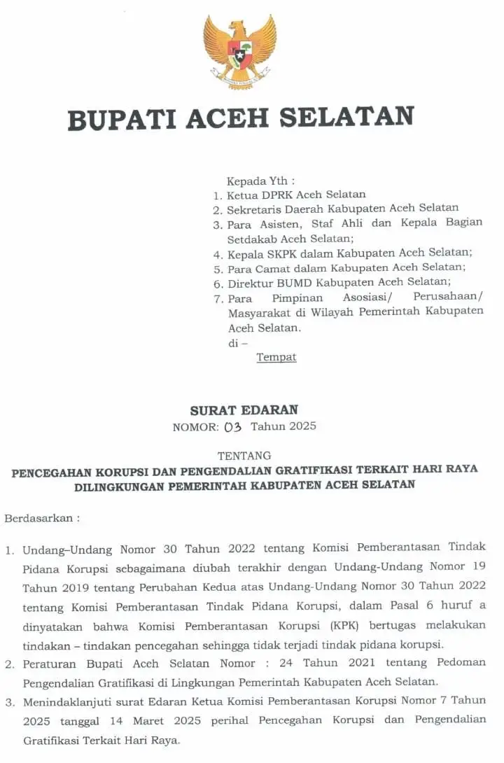 Bupati Aceh Selatan Keluarkan Surat Edaran ASN Dilarang Terima Gratifikasi