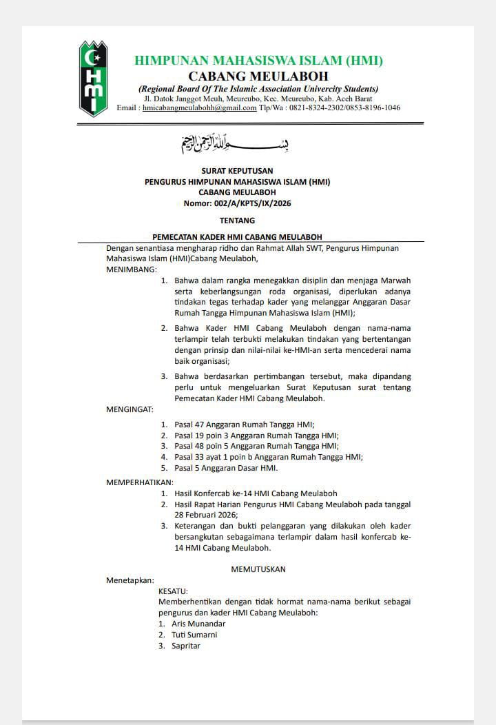 Tegakkan Konstitusi dan Jaga Marwah Organisasi, HMI Cabang Meulaboh Resmi Pecat Tiga Kader
